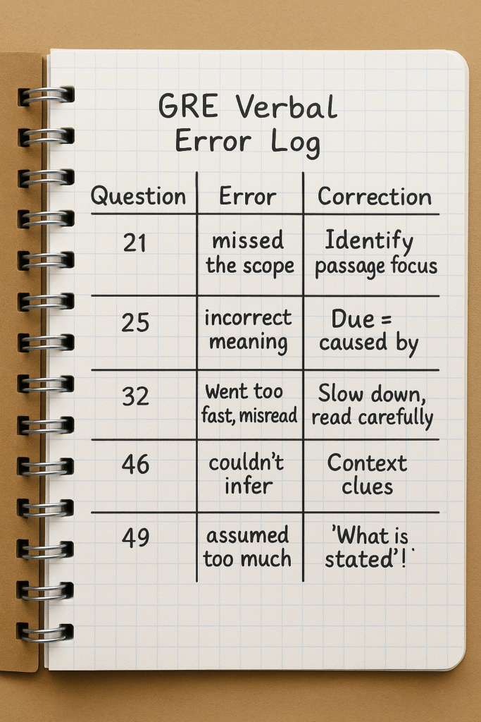 Notebook showing an error log of GRE Verbal mistakes and corrections